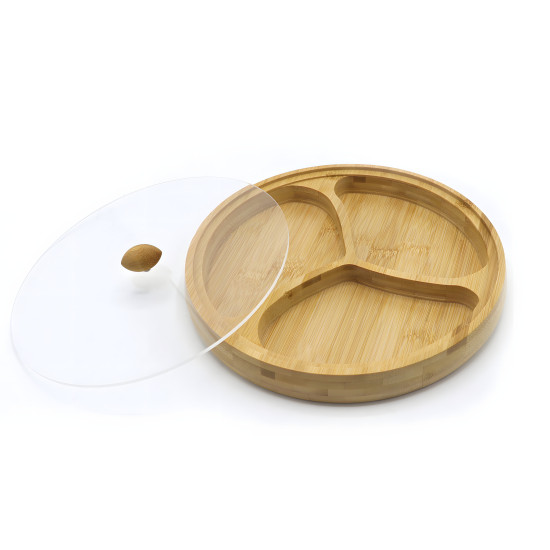 Wooden Three-Section Serving Platter with Acrylic Lid Large